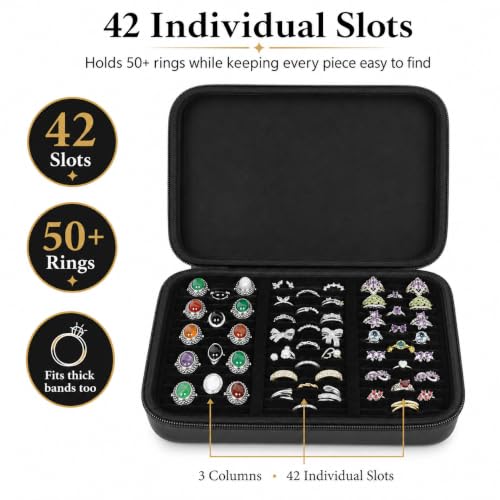 GWCASE Ring Organizer Box, 42-Slot Hard Shell Case Holds 50+ Pcs, All Black - color: All Black