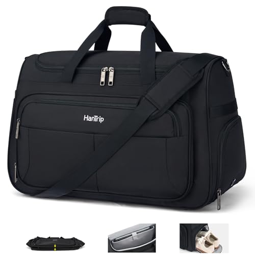 HanTrip 21 Inch Carry On Duffel Bag Foldable Overnight Tote Bags, Black - color: Black, size: Carry-on 21.5-Inch