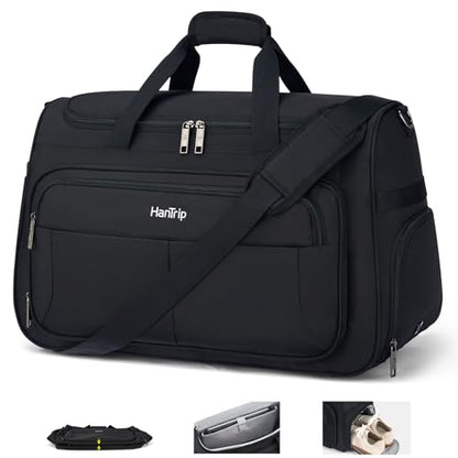 HanTrip 21 Inch Carry On Duffel Bag Foldable Overnight Tote Bags, Black - color: Black, size: Carry-on 21.5-Inch