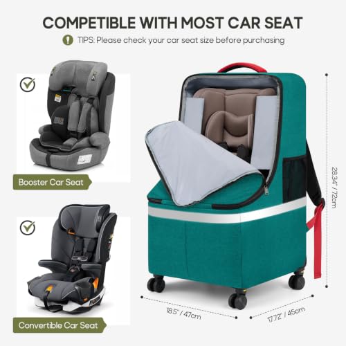 RAINSMORE Padded Car Seat Travel Bag for Airplane with Spinner Wheels - color: Green