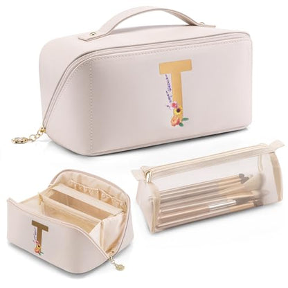 VLANDO Personalized Makeup Bag,Gifts for Women, Letter T,Off White - color: 14.White-T