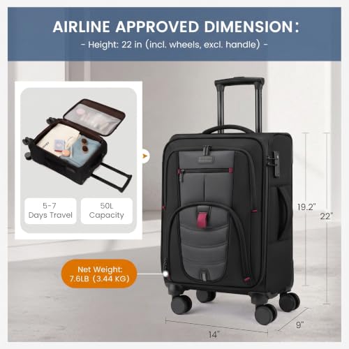 Carry On Luggage 22x14x9 Airline Approved with TSA Lock for Business Trip - color: Black&Gray, size: 22 Inch - Carry-On