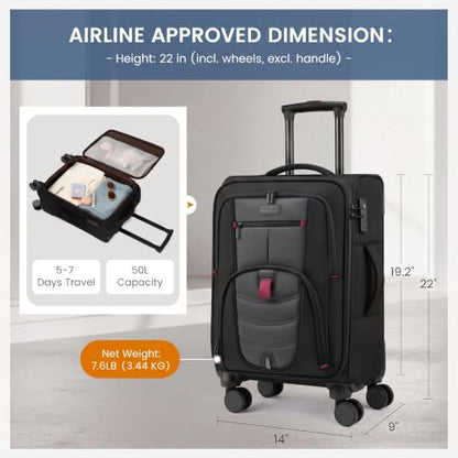 Carry On Luggage 22x14x9 Airline Approved with TSA Lock for Business Trip - color: Black&Gray, size: 22 Inch - Carry-On