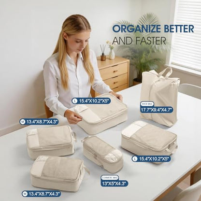Compression Packing Cubes for Travel - Double Zipper Luggage Organizer Bags for Suitcases (6-Pack, Beige) - color: Beige