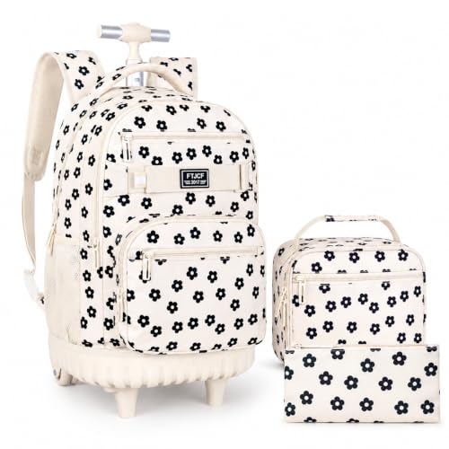 UFNDC 3PCS Wheeled Backpack for Girls, Women Beige Plum Blossom Roller Backpacks with Wheels, Water-Resistant Travel Rolling Bookbag - color: Rolling Backpack Set Plum Blossom Beige