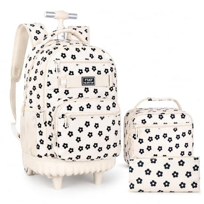 UFNDC 3PCS Wheeled Backpack for Girls, Women Beige Plum Blossom Roller Backpacks with Wheels, Water-Resistant Travel Rolling Bookbag - color: Rolling Backpack Set Plum Blossom Beige
