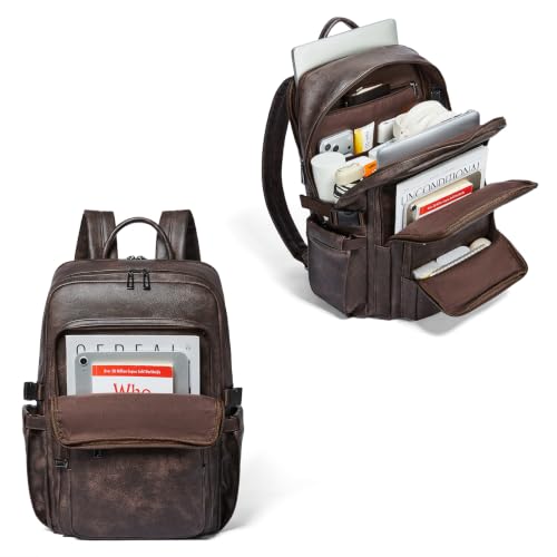 Leather Laptop Backpack for Women Fits 17" Laptop, with RFID Wristlet Purse - color: Coffee