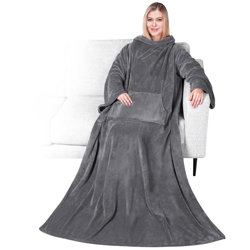 PAVILIA Blanket with Sleeves for Adult Women Men, Soft Warm Wearable Blanket Fleece Wrap Throw, Robe Blanket Gift - color: Charcoal