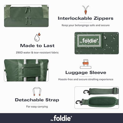 The Foldie Foldable Travel Bag for Women - 40L Weekender Bag with Multiple Pockets - Carry On Expendable Travel Bag - color: Army Green