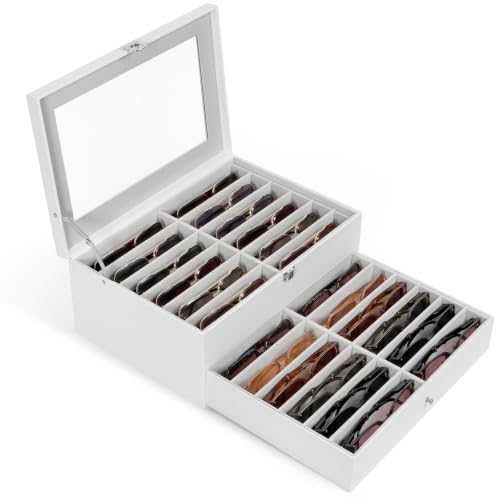Sunglasses Storage Organizer Case with 24 Adjustable Slots, 2 Layer Multi Eyeglass Glasses Display Box with Lid Women - color: Off White,24 Slots