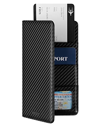 VULKIT Passport Wallet for Travel RFID Blocking Premium Leather - color: Carbon Fiber Black