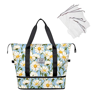 NPBAG Women Travel Duffel, Multi Functional Large Expandable Weekender Carry-on Tote, Gym Workout Overnight Bag, Mommy Hospital Bag for Labor and Delivery - color: Basic-White Daisy, style: Classic