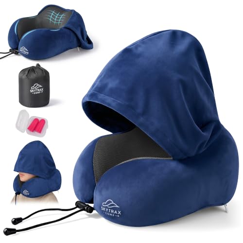 SkytraxComf® Travel Neck Pillow with Hood for Privacy on Long Flights - color: Navy Blue