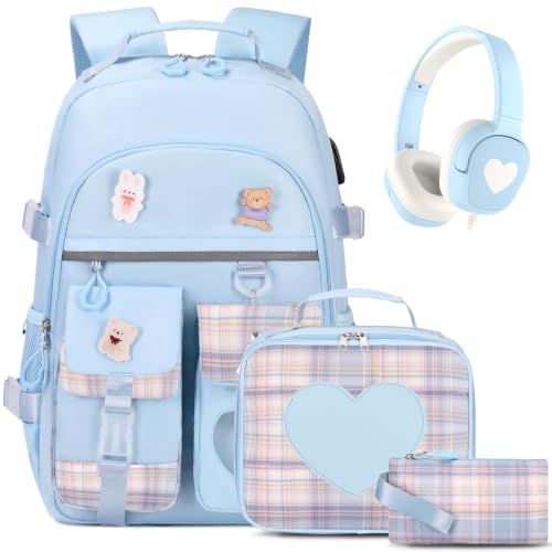 ACESAK Girls Backpack with Headphones, Insulated Lunch Box & Pencil Case - color: Blue