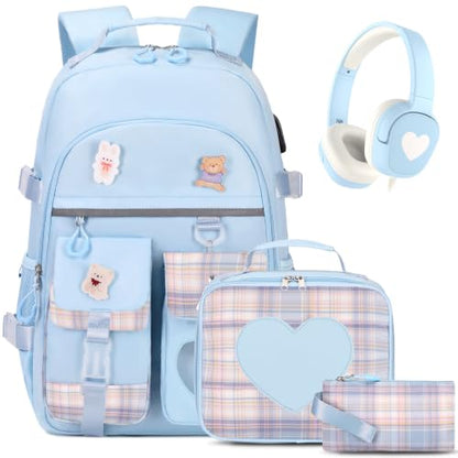 ACESAK Girls Backpack with Headphones, Insulated Lunch Box & Pencil Case - color: Blue