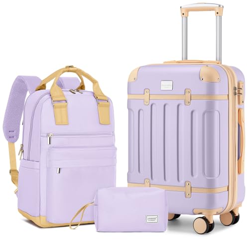 LARVENDER Expandable Carry on Luggage Sets 3 Piece Suitcases Set, Lavender - color: Lavender-20inch BP, size: 3 piece set(BP/TB/20)