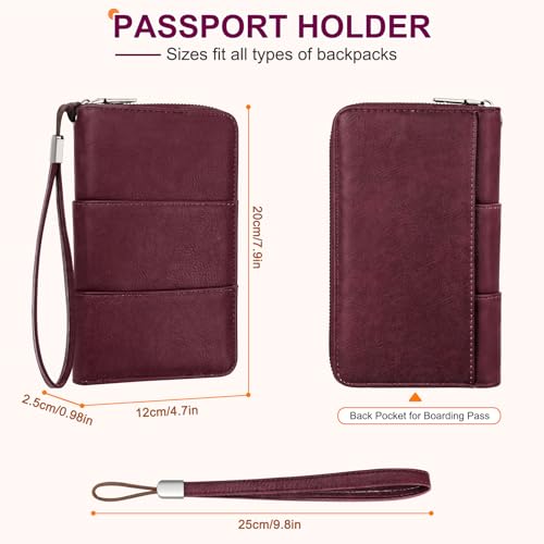 RFID Family Passport Holder Wallet - Travel Document Organizer - color: Wine Red