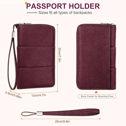 RFID Family Passport Holder Wallet - Travel Document Organizer - color: Wine Red