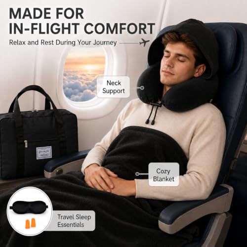 Travel Blanket and Pillow Set - Hooded Neck Pillow Airplane Essential Black - color: Black