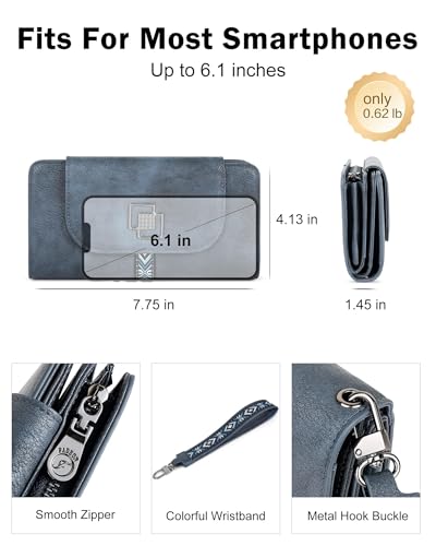 FADEON Leather Wallets for Women, Designer Large RFID Blocking Trifold - color: Dark Blue Retro Style