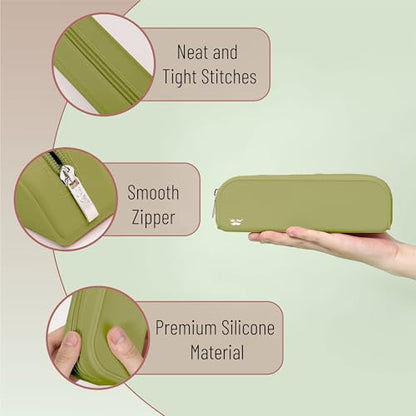 Mr. Pen- Silicone Pencil Case, Aesthetic Pencil Bag for Women, Makeup Pouch - color: Olive Green