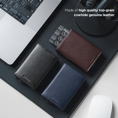 VULKIT Pop up Card Wallet Minimalist Cash Wallets RFID Blocking Leather Smart Credit Card Holder with ID window for Men - color: Top-Grain Cowhide Black