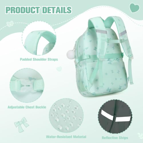 Bevalsa Backpack for Girls Backpack for School with Lunch Bag Pencil Case - color: Green Butterfly