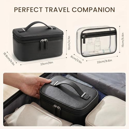 Prite 2 Pcs Makeup Bag Set Travel Cosmetic Case with Clear Toiletry Bag - color: Black