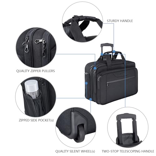 KROSER 17.3 Inch Rolling Laptop Computer Bag,Wheeled Briefcase，Roller case | Multi-compartments,silent wheels, fits airline overhead bins for overnight business trips
