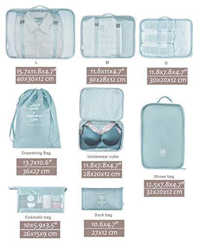 Belsmi 8 Set Packing Cubes with Shoe Bag - Compression Travel Luggage Organizer - color: Style A - Blue