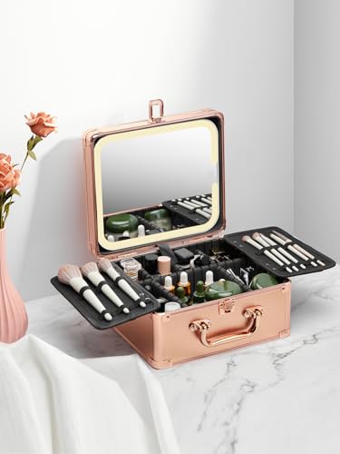 Qislee Makeup Box with Detachable Magnetic LED Mirror, Travel Train Case - color: Rose Gold, size: Small