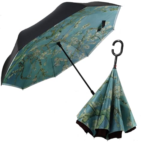 SIEPASA 49/56 Inch Inverted Reverse Upside Down Umbrella, Extra Large Double Canopy Vented Windproof Waterproof Stick Golf Umbrellas with C-shape Handle. - color: Almond Blossom, size: 49 Inch