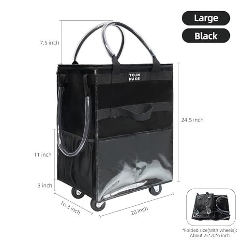 Reusable Grocery Bag with Wheels, Large Black Rolling Tote | 8 Pockets, Zipper Cover, Foldable for Women, Kitchen, Travel, Carries Up to 76LBS - color: Black, size: Large