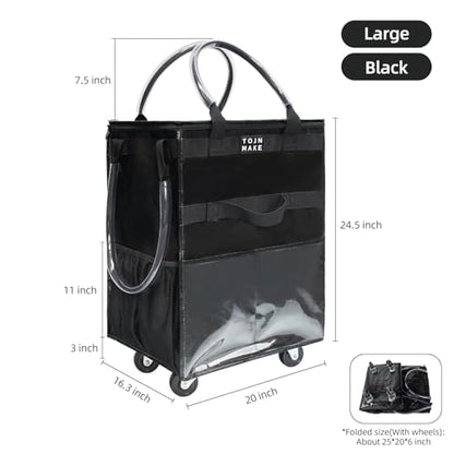 Reusable Grocery Bag with Wheels, Large Black Rolling Tote | 8 Pockets, Zipper Cover, Foldable for Women, Kitchen, Travel, Carries Up to 76LBS - color: Black, size: Large