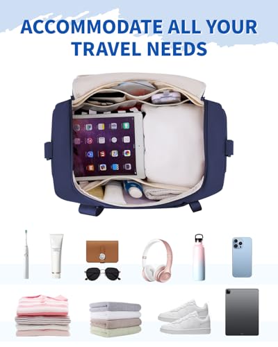 WANDF Personal Item Travel Bag 18x14x8, Carry On Duffle Bag for Women - color: B-Navy Blue