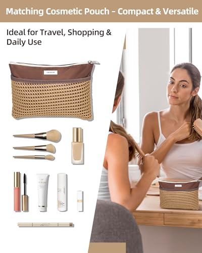 Mesh Beach Tote Bag for Women, 2-in-1 Large Lightweight Foldable Design - color: Khaki