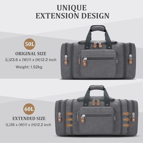 Gonex Canvas Duffle Bag, Expandable 60L Travel Overnight Weekender Bag - color: Grey, size: X-Large-60L (With Toiletry Bag)