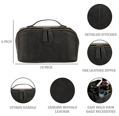 KomalC Luxury Leather Men’s Toiletry Travel Bag – Handmade Shaving Kit with Waterproof Interior, Spacious Storage & Carry Handle – leather travel Kit Bag for Men & Women (Black) - color: Black