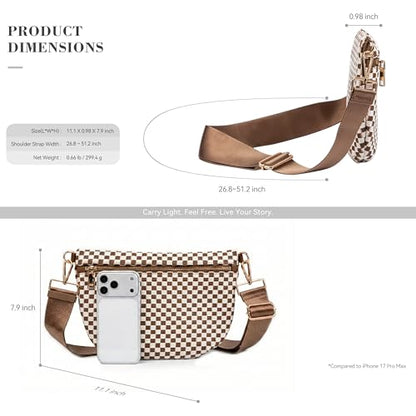 Woven Crossbody Bag for Women, Checkered PU Bum Bag Sling Purse with Adjustable Strap for Travel, Festivals - color: Brown and White Checkered Woven