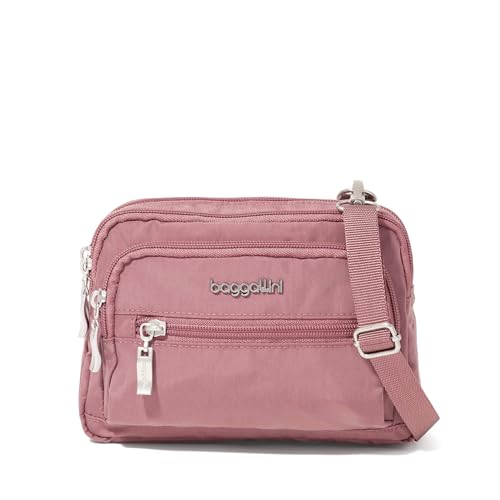 Baggallini Triple Zip Small Crossbody Bag for Women - Lightweight Convertible Fanny Pack Belt Bag - color: Dusty Mauve, style: Slim Strap