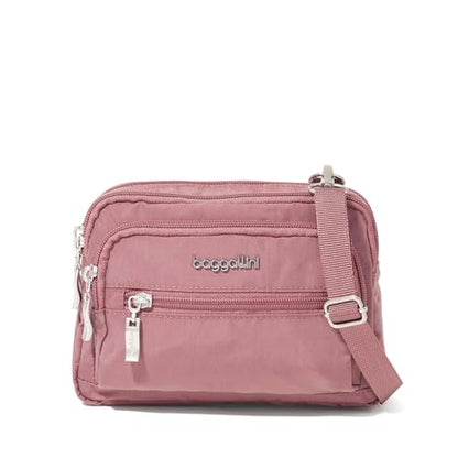 Baggallini Triple Zip Small Crossbody Bag for Women - Lightweight Convertible Fanny Pack Belt Bag - color: Dusty Mauve, style: Slim Strap
