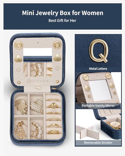 VLANDO Jewelry Travel Organizer, Letter Q Velvet Design with 4 Compartments - color: Dark Blue, size: Letter Q