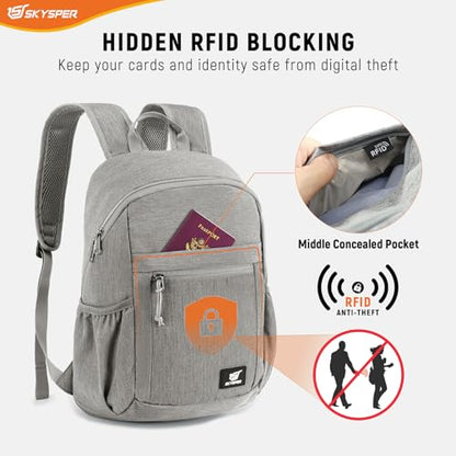 SKYSPER Anti Theft Hiking Backpack, 18L RFID Packable Travel Daypack, Lightweight Foldable Back Pack for Walking Daytrip - color: Grey, size: Small