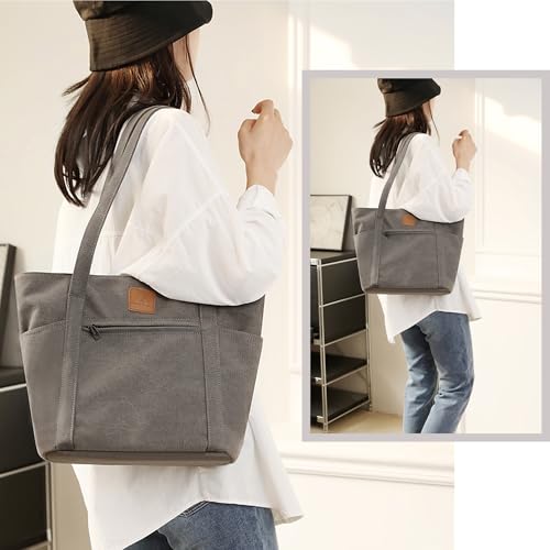 Light Canvas Shoulder Bag for Women Retro Bucket Tote - color: Gray