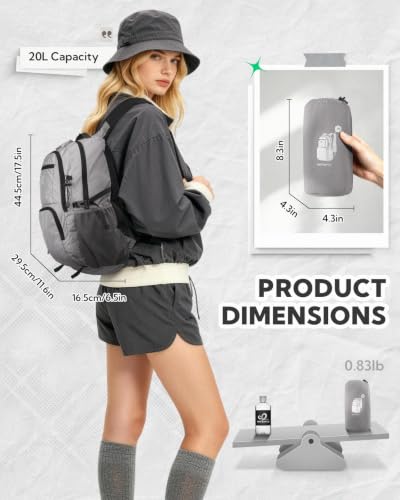 WATERFLY Packable Hiking Backpack, 20L Small Lightweight Foldable Daypack | Phone Pocket, Only 3 Steps Foldable, Breathable Shoulder Strap, Comfortable Folding Bag Pack for Women Men Travel Outdoor - color: Grey
