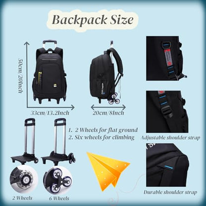 VIDOSCLA Elementary Trolley Backpack Senior High School Rolling Carry-on Luggage Book Bag with Wheels for Teens - color: A1# Black Green-2 Wheels, style: A1# 2 Wheels