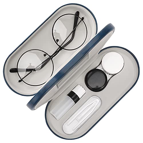 MoKo Double Eyeglass Case,Glasses and contact case 2 in 1 with Mirror - color: Blue