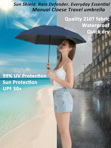 BAODINI Travel Mini Umbrella With UV Sun Protection, Compact Pocket Size - color: Navy Blue