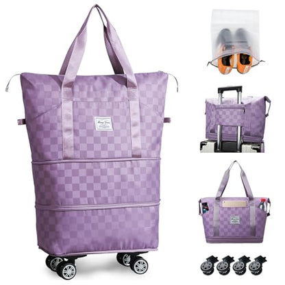 Rolling Duffle Bag with Wheels and Shoe Bag Expandable Foldable Travel Duffel Bag Carry on Luggage Bag Checkerboard Weekender Bag for Men Women - color: Purple+Shoe Bag