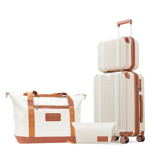 Luggage Set 4 Piece 20inch Carry on Hardshell Suitcase - color: Beige, size: 4 piece（14/20/DB/TB）